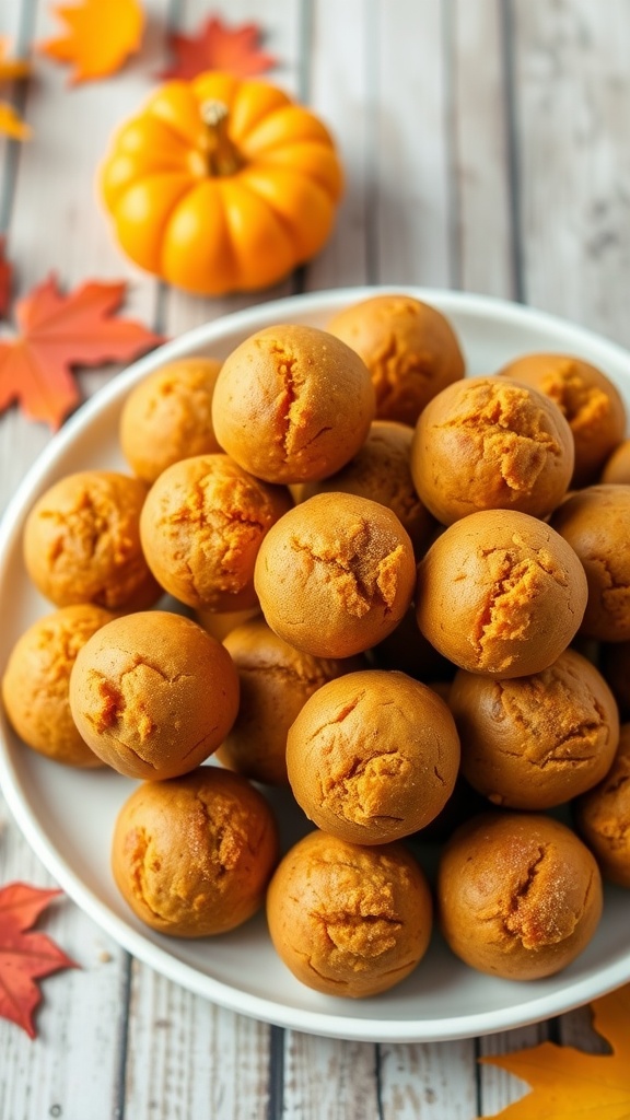 Delicious Pumpkin Pie Protein Bites Recipe Pumpkin pie protein bites on a wooden plate with autumn decor.